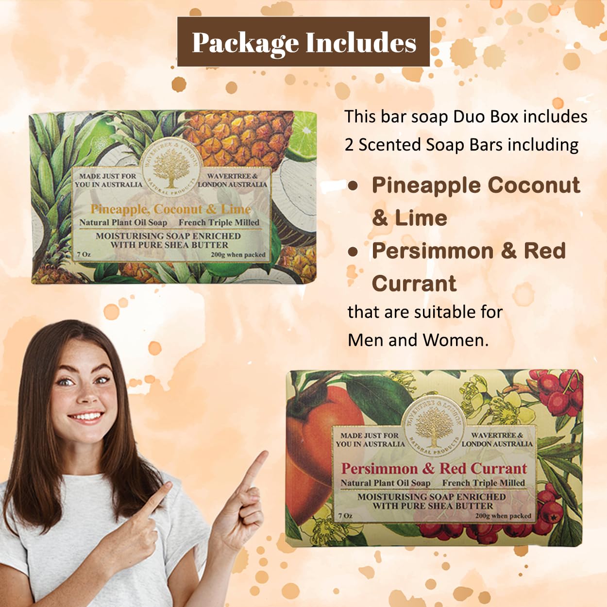 Wavertree & London Duo Gift Box (2 Bars) - 7oz Persimmon & Red Currant, Pineapple & Coconut & Lime Scented Triple Milled Natural Soap Bars - Pure Plant Oil Soap Bars for All Skin Types